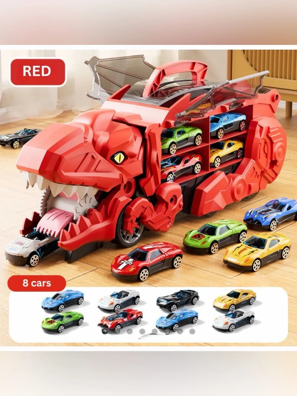 Red Dino Car Carrier Playset with 8 Mini Racers